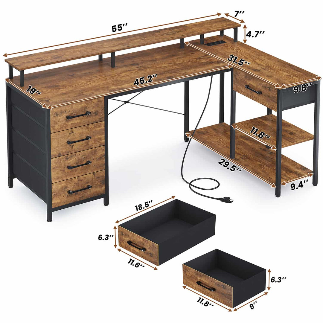 SEDETA L Shaped Gaming Desk with 5 Drawers Computer Desk with Shelves Corner Desk