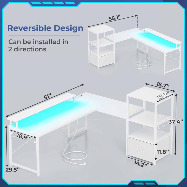 SEDETA 51 Inch L Shaped Gaming Desk with Storage Shelves Power Outlets LED Lights and Monitor Stand