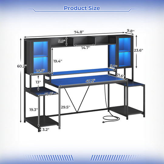 SEDETA 74.8 Inch Gaming Desk  with LED Lights Hutch and Storage Shelves