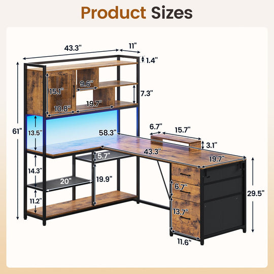 SEDETA 58 Inch L Shaped Computer Desk with Storage Shelves and LED Light for Home Office