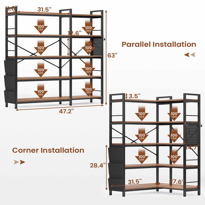 SEDETA | 5 Tier Convertible Corner Bookshelf with Storage Bag and Pegboard for Home Office