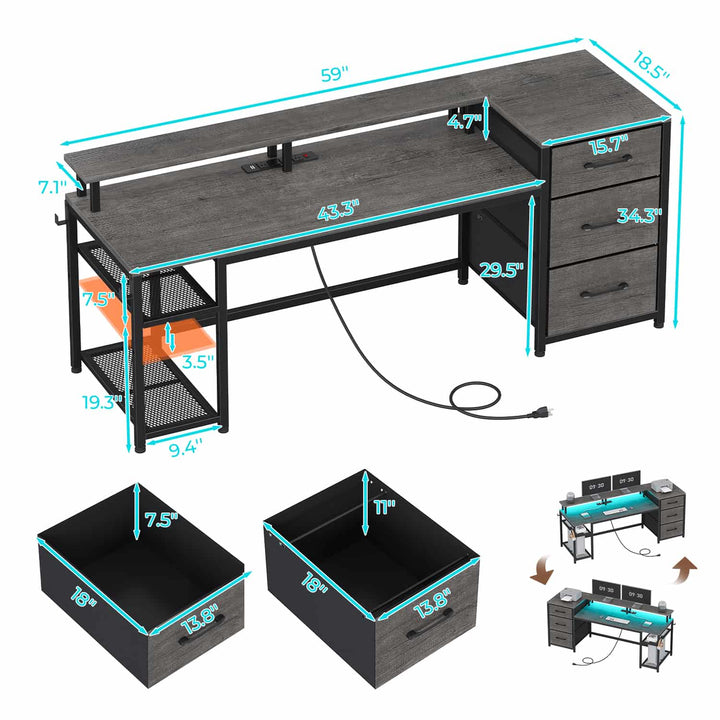 SEDETA 59 Inch Office Desk with Drawers Reversible Computer Gaming Desk with LED Lights