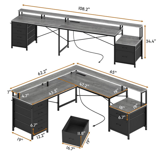 SEDETA 108 Inch L Shaped Gaming Desk Two Person Desk with File Drawer and Power Outlet