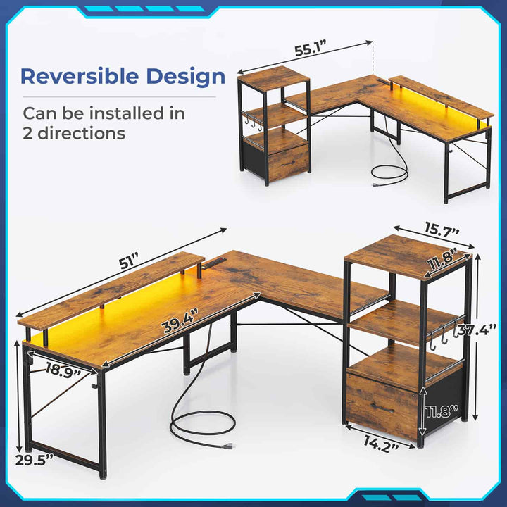 SEDETA 51 Inch L Shaped Gaming Desk with Storage Shelves Power Outlets LED Lights and Monitor Stand