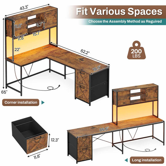 SEDETA 62.2 Inch L Shaped Gaming Desk with Drawers Fabric File Drawers and Power Outlet