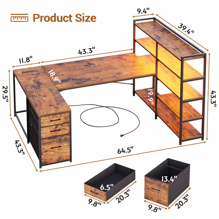 SEDETA 64.5 Inch Reversible Office Computer Desk LED Gaming Desk with Drawer Storage Bookshelf