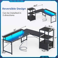 SEDETA 51 Inch L Shaped Gaming Desk with Storage Shelves Power Outlets LED Lights and Monitor Stand