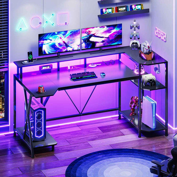 SEDETA | 55 Inch Large PC Gaming Desk with LED Lights and Storage Shelves