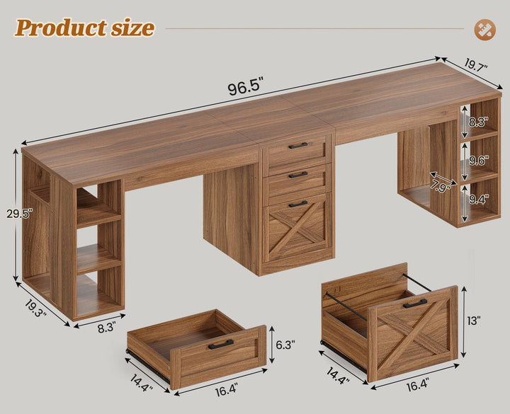 SEDETA® 96.5 Inch Farmhouse Two Person Computer Desk with Drawers and Storage Shelves for Home Office