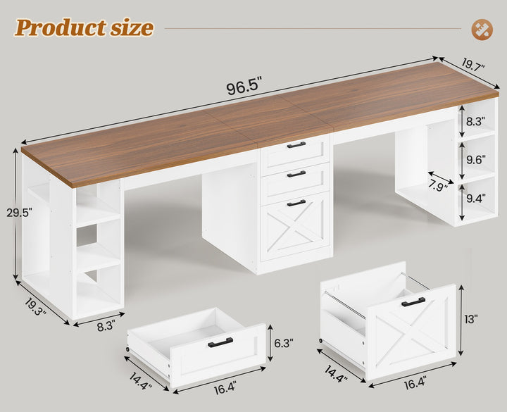 SEDETA® 96.5 Inch Farmhouse Two Person Computer Desk with Drawers and Storage Shelves for Home Office