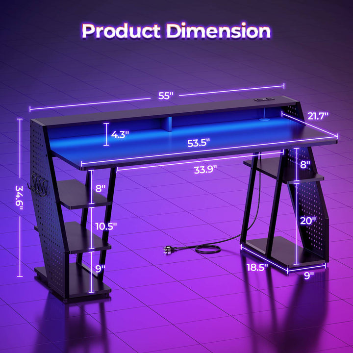 SEDETA 55 Inch LED Gaming Desk Computer Desk with Pegboard Storage Shelves Power Outlets