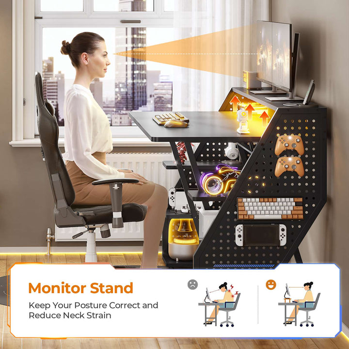 SEDETA 55 Inch LED Gaming Desk Computer Desk with Pegboard Storage Shelves Power Outlets