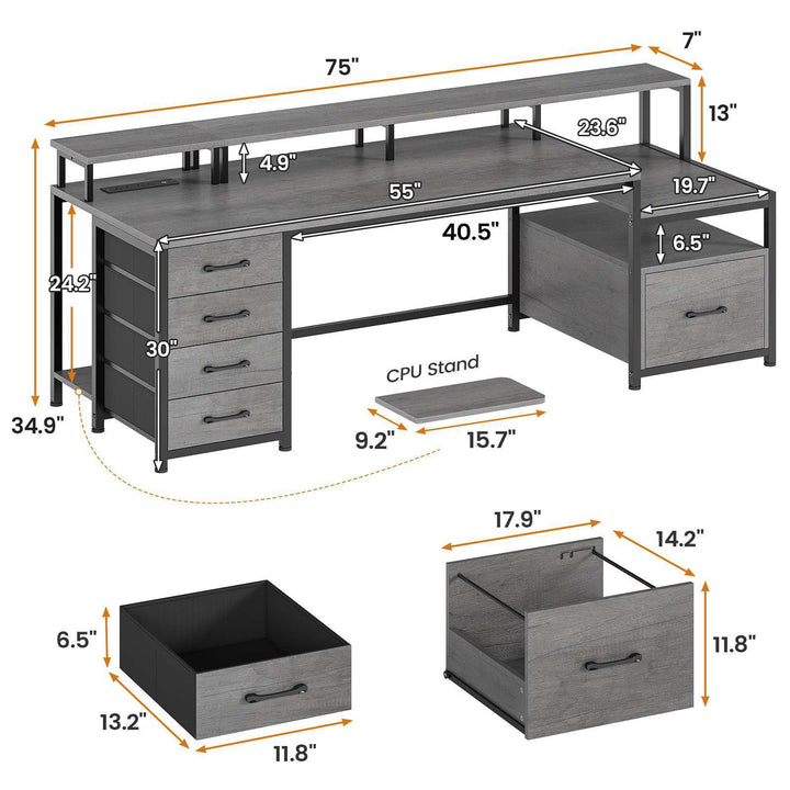 SEDETA 75 Inch Ergonomic Computer Desk Gaming Desk with Led Lights Power Outlet and 5 Drawer for Home Office