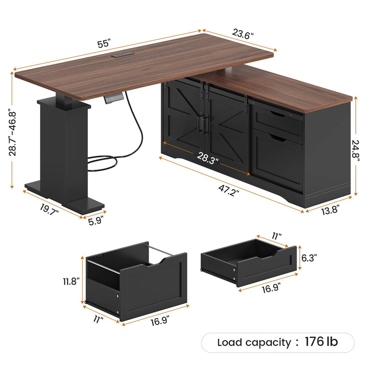 SEDETA 55 Inch Height Adjustable Electric Standing Desk Farmhouse L-Shaped Computer Desk with Storage Drawers Power Outlets