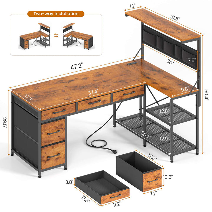 SEDETA 47.2 Inch Reversible L Shaped Gaming Desk with LED Lights and Drawers Storage Shelves