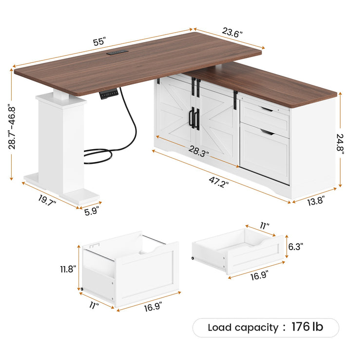 SEDETA 55 Inch Height Adjustable Electric Standing Desk Farmhouse L-Shaped Computer Desk with Storage Drawers Power Outlets