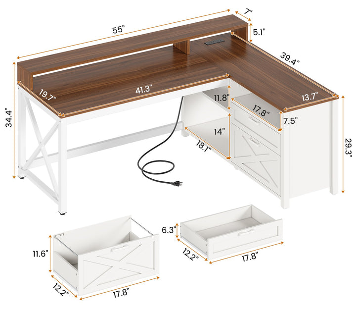 SEDETA 55 Inch Farmhouse L Shaped Gaming Desk Home Office Desk with Drawers and Storage Shelves