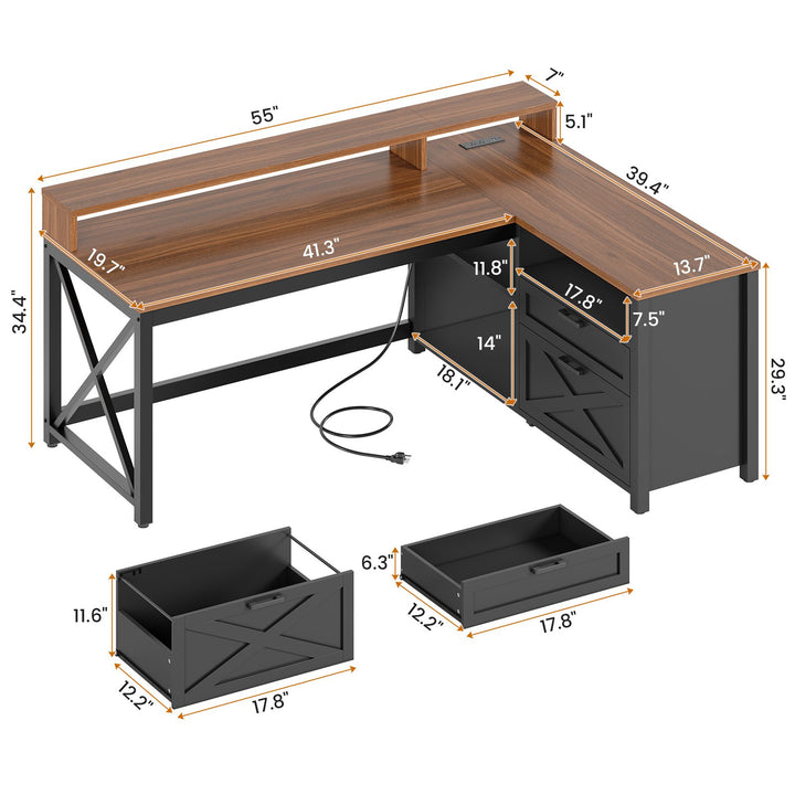 SEDETA | 55 Inch L Shaped Computer Desk Farmhouse Gaming Desk with Drawers and Storage Shelves