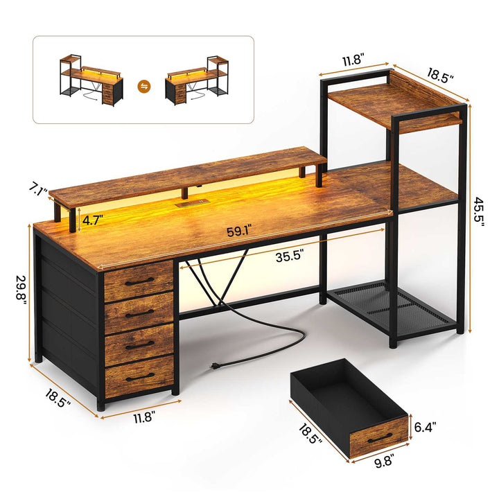 SEDETA | 59 Inch LED Ergonomic Gaming Desk Computer Table Home Office with Storage Drawers Shelves