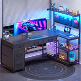 SEDETA 47.2 Inch Reversible L Shaped Gaming Desk with LED Lights and Drawers Storage Shelves