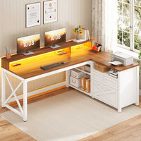 SEDETA 55 Inch Farmhouse L Shaped Gaming Desk Home Office Desk with Drawers and Storage Shelves