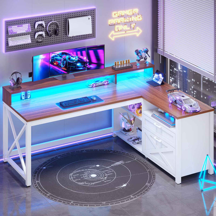 SEDETA | 55 Inch L Shaped Computer Desk Farmhouse Gaming Desk with Drawers and Storage Shelves