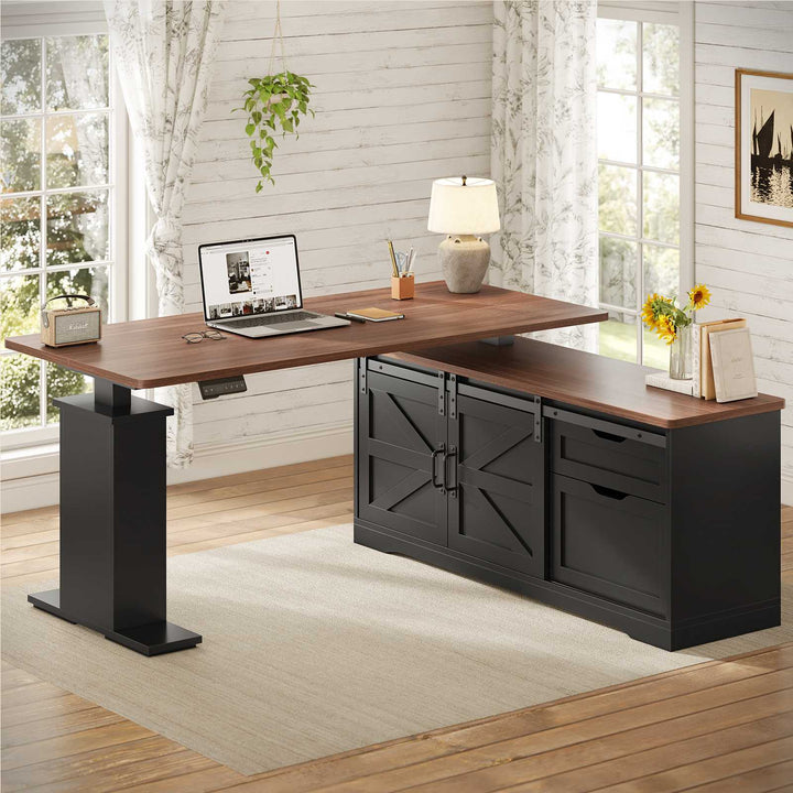 SEDETA 55 Inch Height Adjustable Electric Standing Desk Farmhouse L-Shaped Computer Desk with Storage Drawers Power Outlets