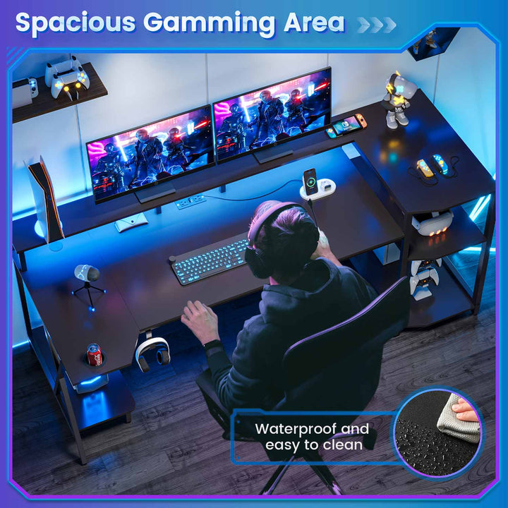 SEDETA | 55 Inch Large PC Gaming Desk with LED Lights and Storage Shelves