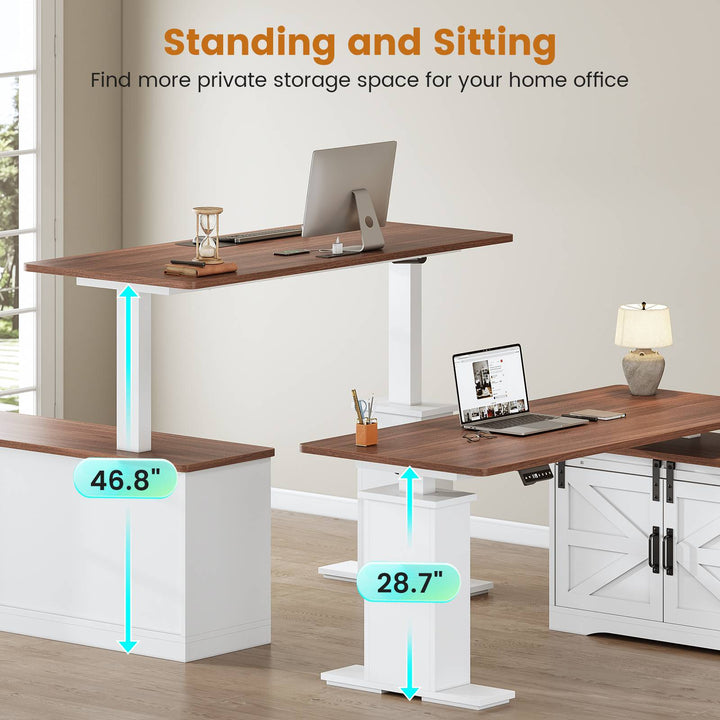 SEDETA 55 Inch Height Adjustable Electric Standing Desk Farmhouse L-Shaped Computer Desk with Storage Drawers Power Outlets