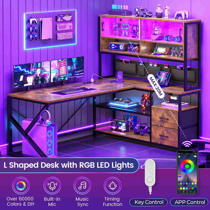 SEDETA 59 Inch L Shaped LED Gaming Desk Home Office Computer Table with Drawers and Bookshelf