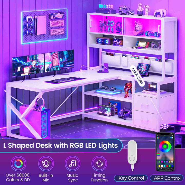 SEDETA 59 Inch L Shaped LED Gaming Desk Home Office Computer Table with Drawers and Bookshelf