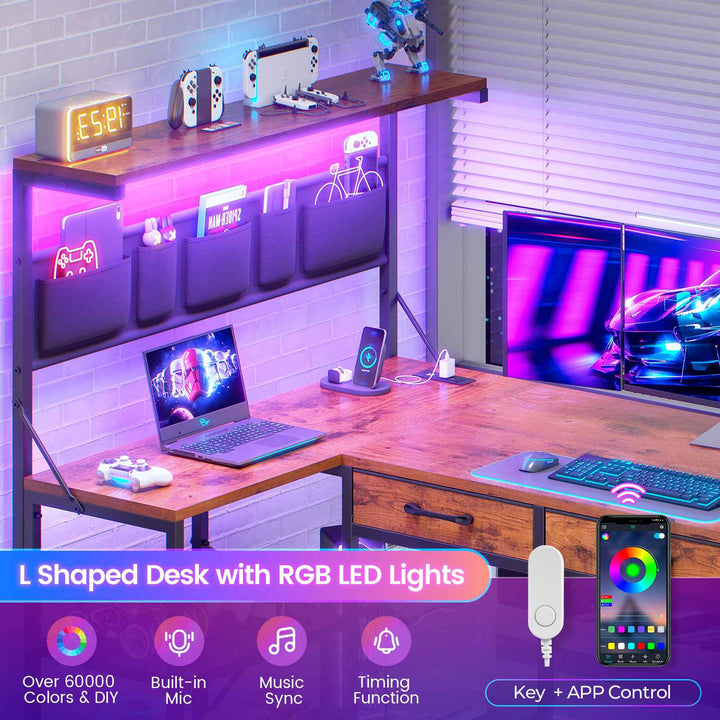 SEDETA 47.2 Inch Reversible L Shaped Gaming Desk with LED Lights and Drawers Storage Shelves