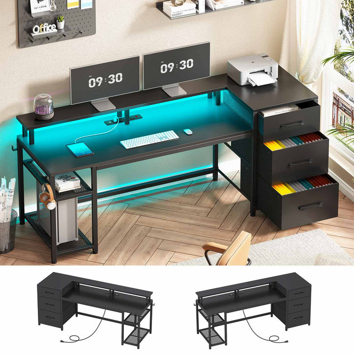 SEDETA® 59 Inch Reversible Computer Desk Home Office LED Gaming Table with File Drawers & Storage