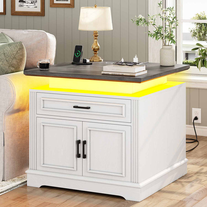 SEDETA 24 Inch Side Table Living Room End Table with Charging Station LED Light