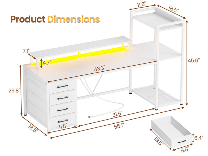 SEDETA® 55 Inch Ergonomic LED Gaming Desk Computer Table Home Office Desk with Shelves Drawers