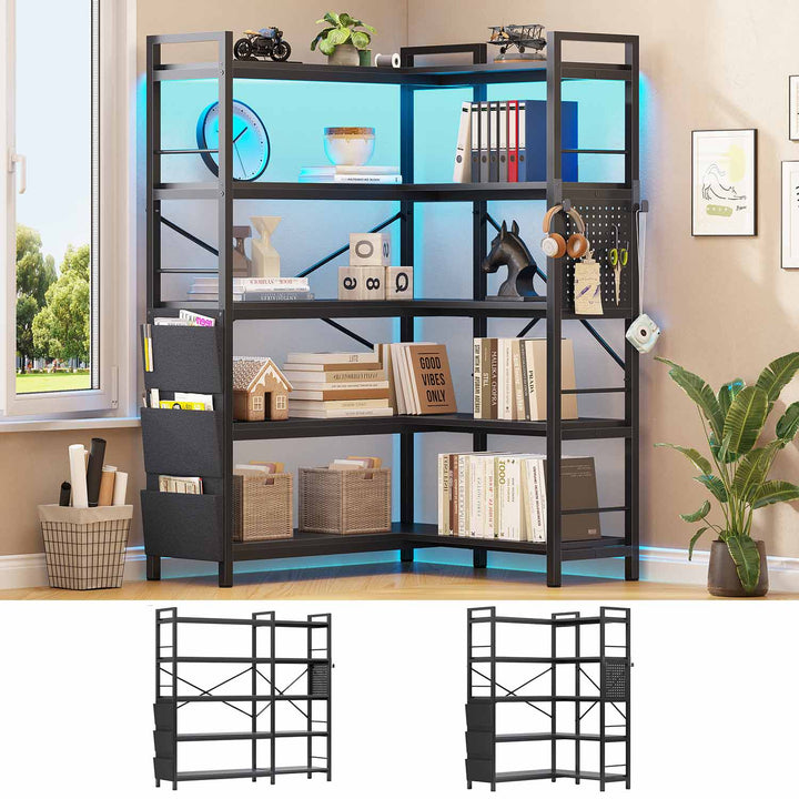 SEDETA | 5 Tier Convertible Corner Bookshelf with Storage Bag and Pegboard for Home Office