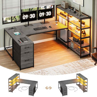 SEDETA 64.5 Inch Office LED Reversible Computer Desk Gaming Desk with Drawer Storage Bookshelf