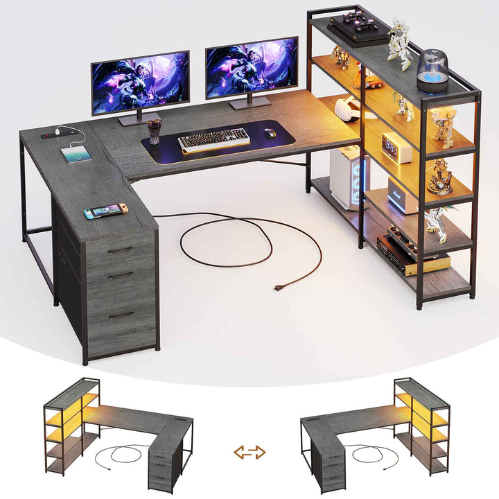 SEDETA 64.5 Inch Reversible Office Computer Desk LED Gaming Desk with Drawer Storage Bookshelf