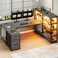 SEDETA 64.5 Inch Office LED Reversible Computer Desk Gaming Desk with Drawer Storage Bookshelf