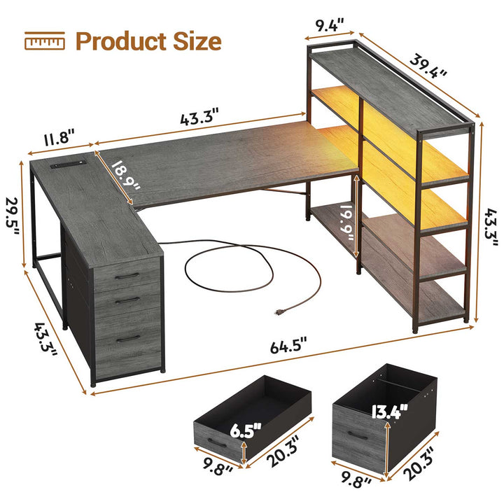 SEDETA 64.5 Inch Reversible Office Computer Desk LED Gaming Desk with Drawer Storage Bookshelf