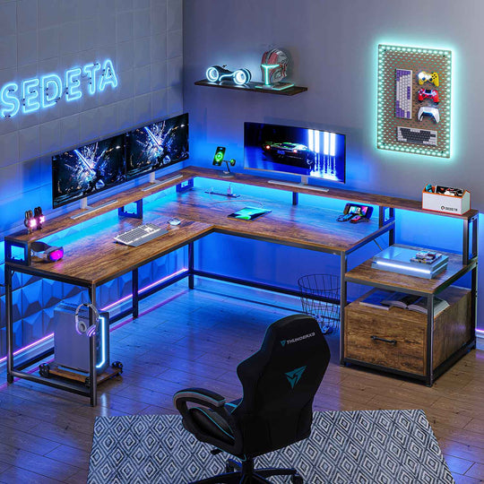 SEDETA 66 Inch L Shaped Black Gaming DeskTwo Person Desk with Led Lights