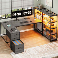 SEDETA 64.5 Inch Office LED Reversible Computer Desk Gaming Desk with Drawer Storage Bookshelf