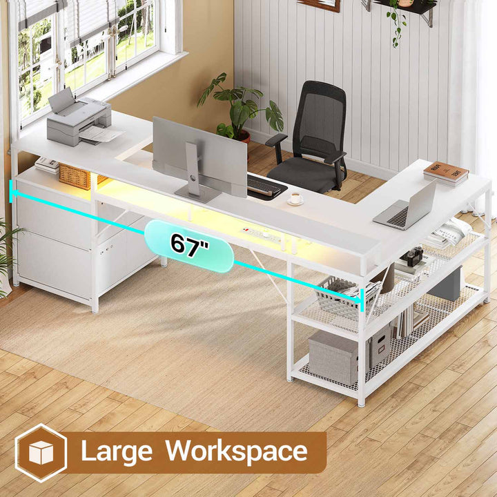 SEDETA | 67 Inch Reversible L Shaped Led Gaming Desk with Drawers for Home Office