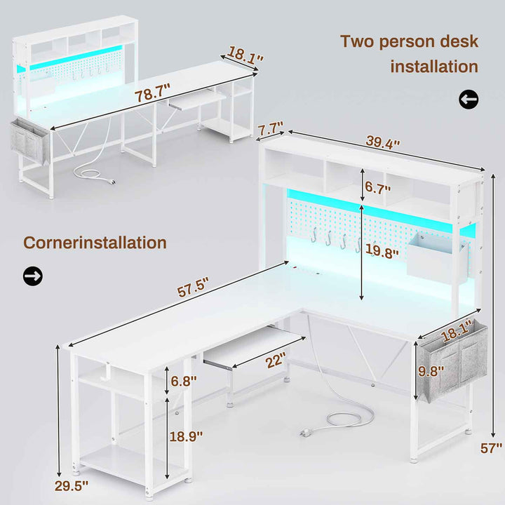 SEDETA® 57.5 Inch L Shaped Gaming Desk Reversible LED Computer Table with Pegboard Hutch