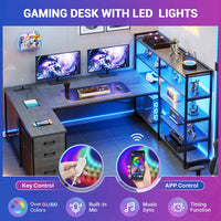 SEDETA 64.5 Inch Reversible Office Computer Desk LED Gaming Desk with Drawer Storage Bookshelf