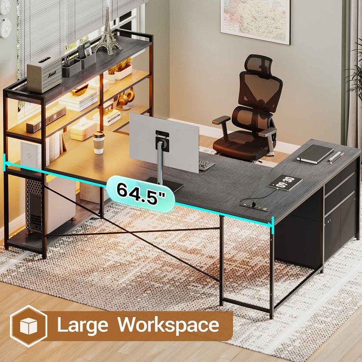 SEDETA 64.5 Inch Office LED Reversible Computer Desk Gaming Desk with Drawer Storage Bookshelf