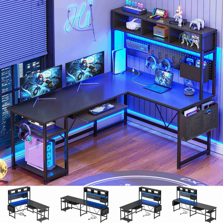 SEDETA® 57.5 Inch L Shaped Gaming Desk Reversible LED Computer Table with Pegboard Hutch