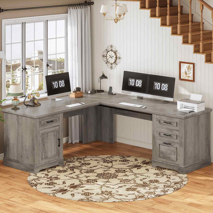 SEDETA® 69 Inch Farmhouse Executive L Shaped Desk Corner Computer Desk with Drawers and Storage Cabinet Power Outlet