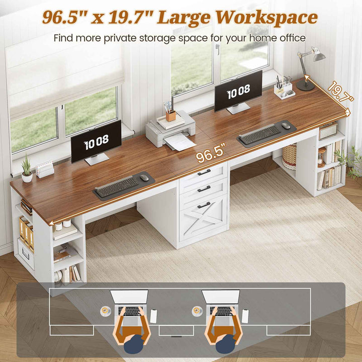 SEDETA® 96.5 Inch Farmhouse Two Person Computer Desk with Drawers and Storage Shelves for Home Office