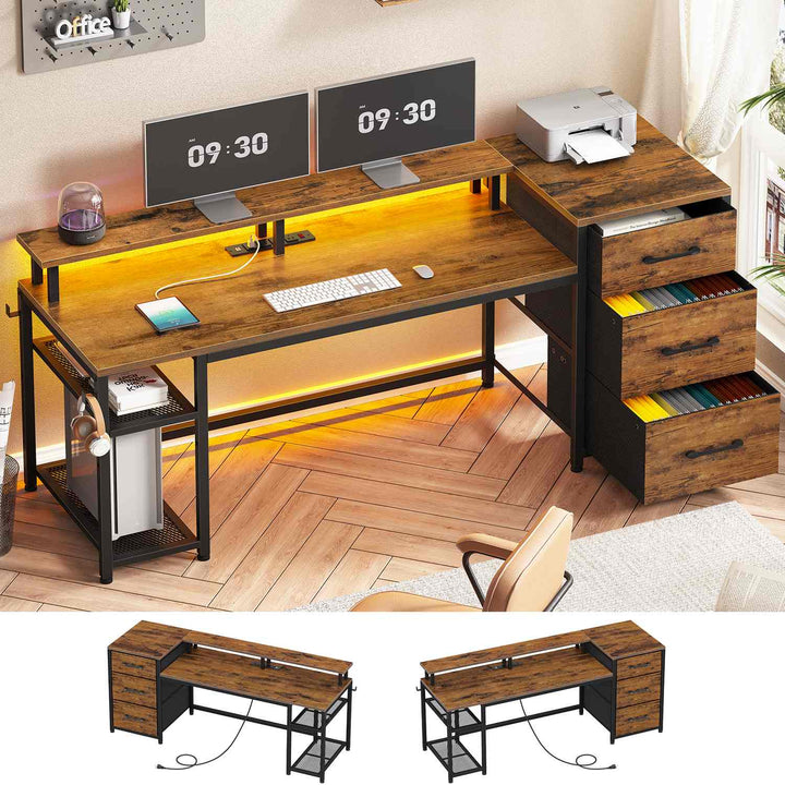 SEDETA 59 Inch Office Desk with Drawers Reversible Computer Gaming Desk with LED Lights